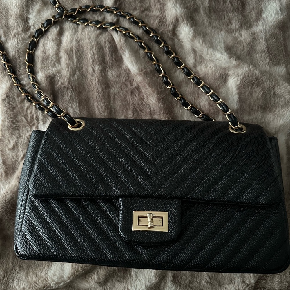 Black Faux Leather Handbag Chain Strap Large